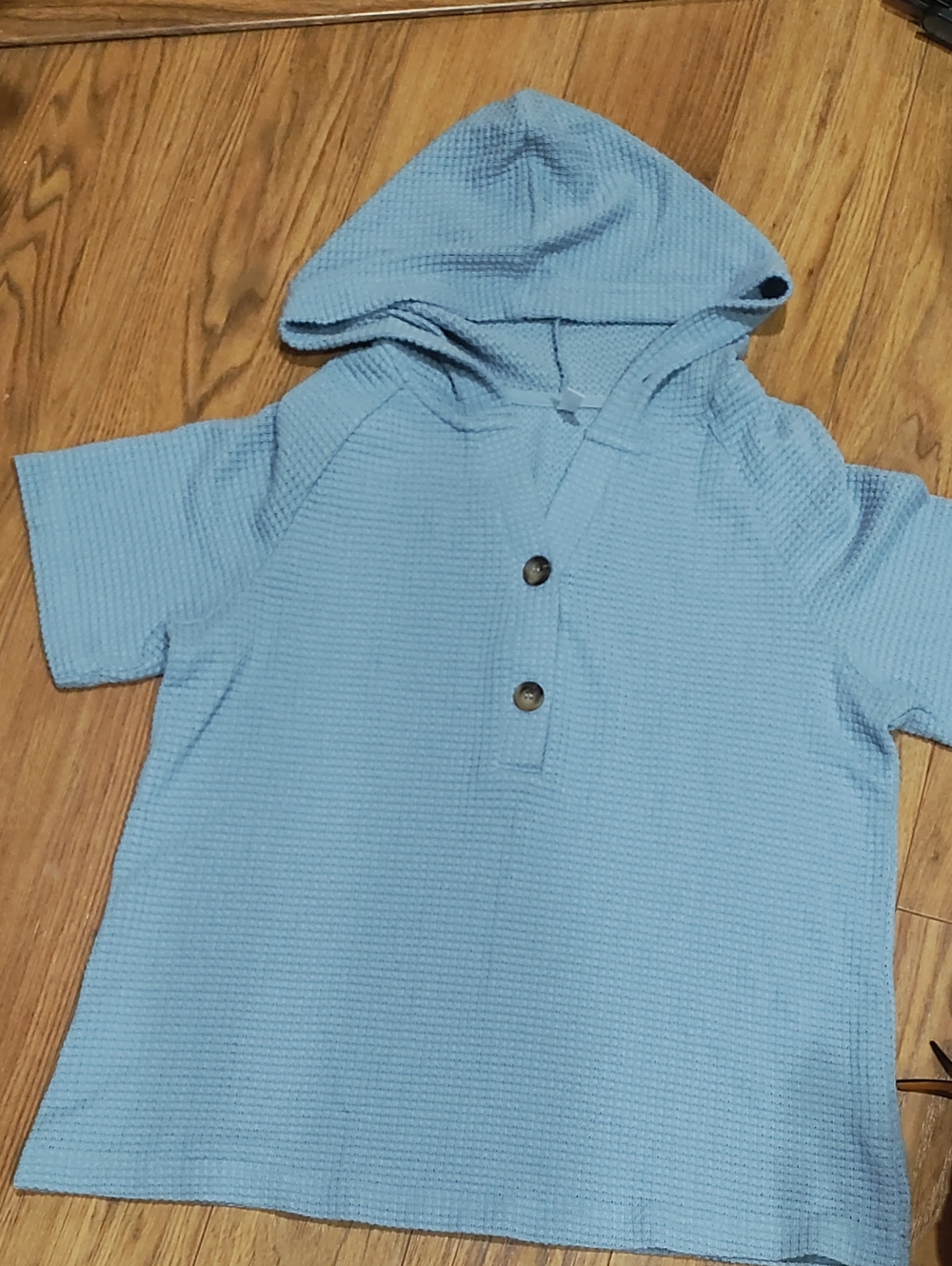 Light Blue Hooded Waffle Knit Top with Button Placket